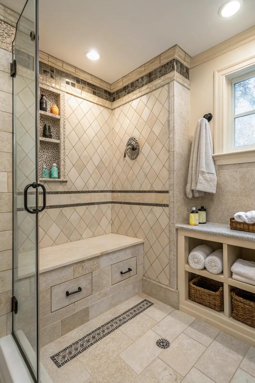 A built-in storage bench maintains shower organization while looking sleek.
