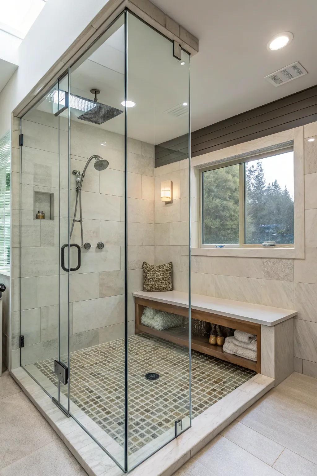 A built-in bench brings comfort and practicality to this walk-in shower.
