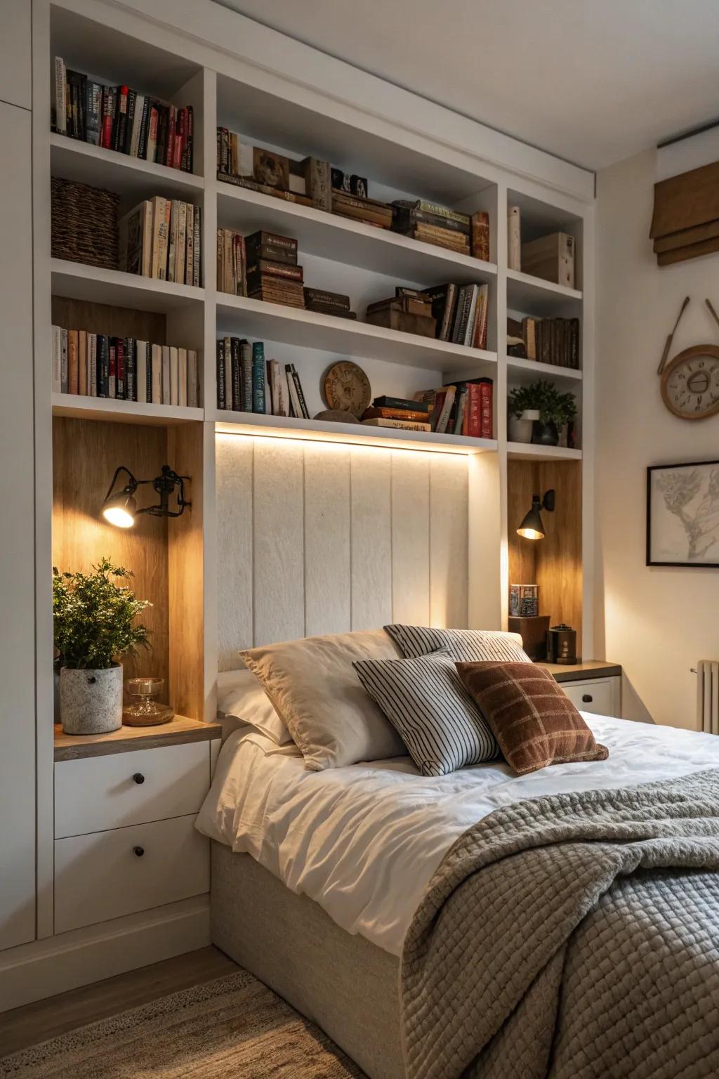Built-in shelves offer style and practical storage.