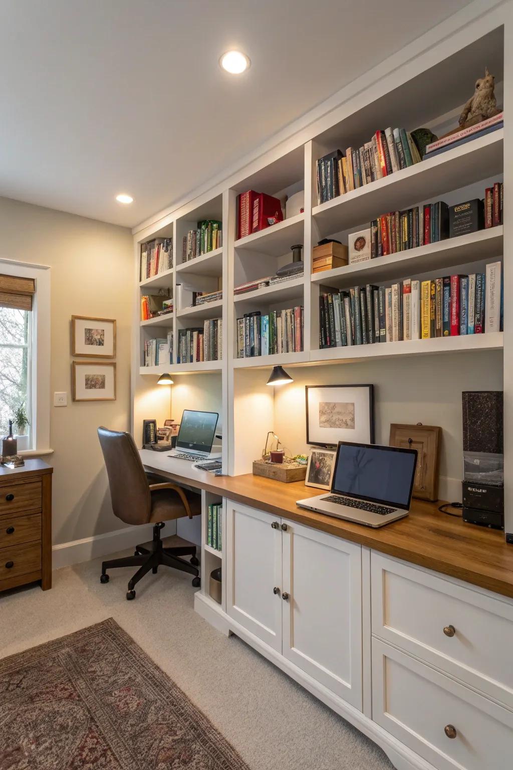 Integrated bookshelves in a home office provide both essential storage and appealing functionality, enhancing work efficiency.