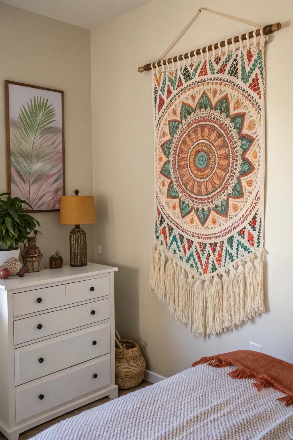A woven tapestry adds texture and warmth to a bedroom.