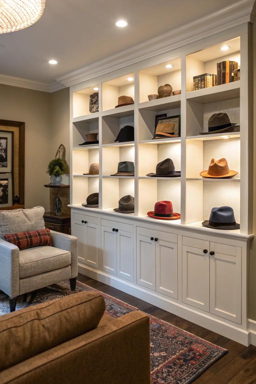 Bespoke shelving that includes specific sections for individual hats.