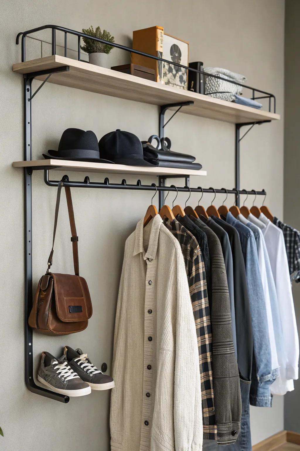 A multi-functional wall-mounted clothing rack complete with shelves and hooks.