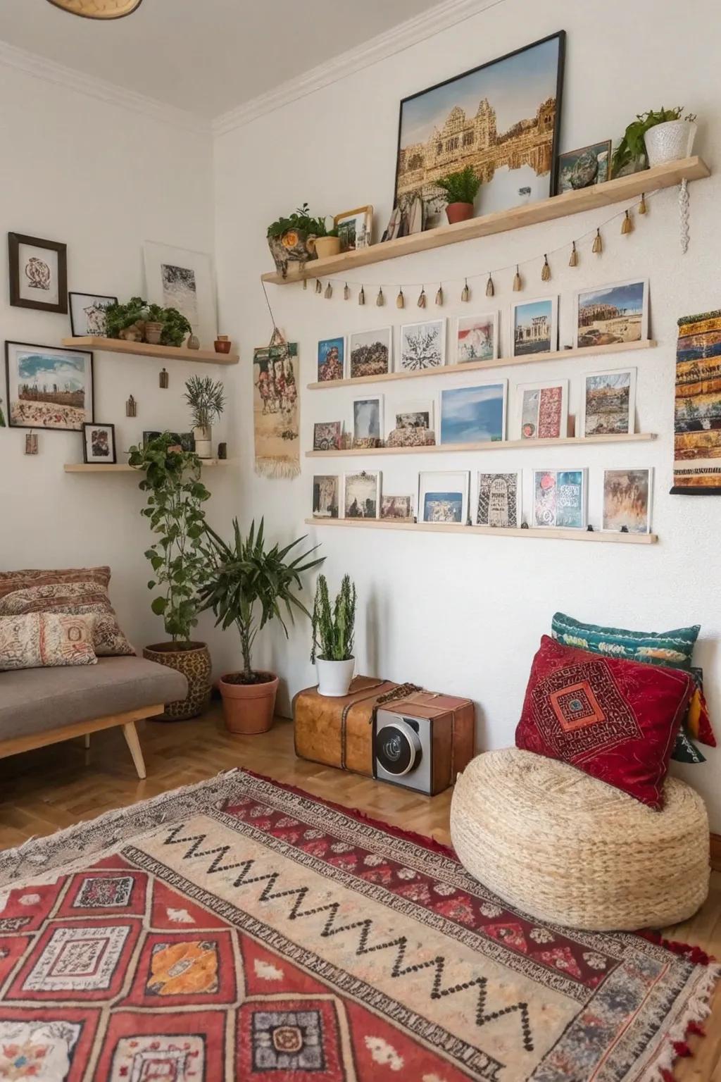 A wanderlust-inspired wall showcasing travel memories.