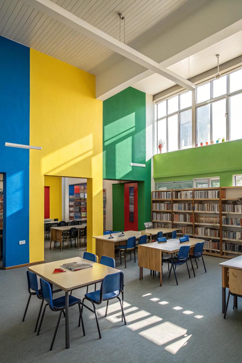 Walls with partitioned colors injecting energy into a workspace.