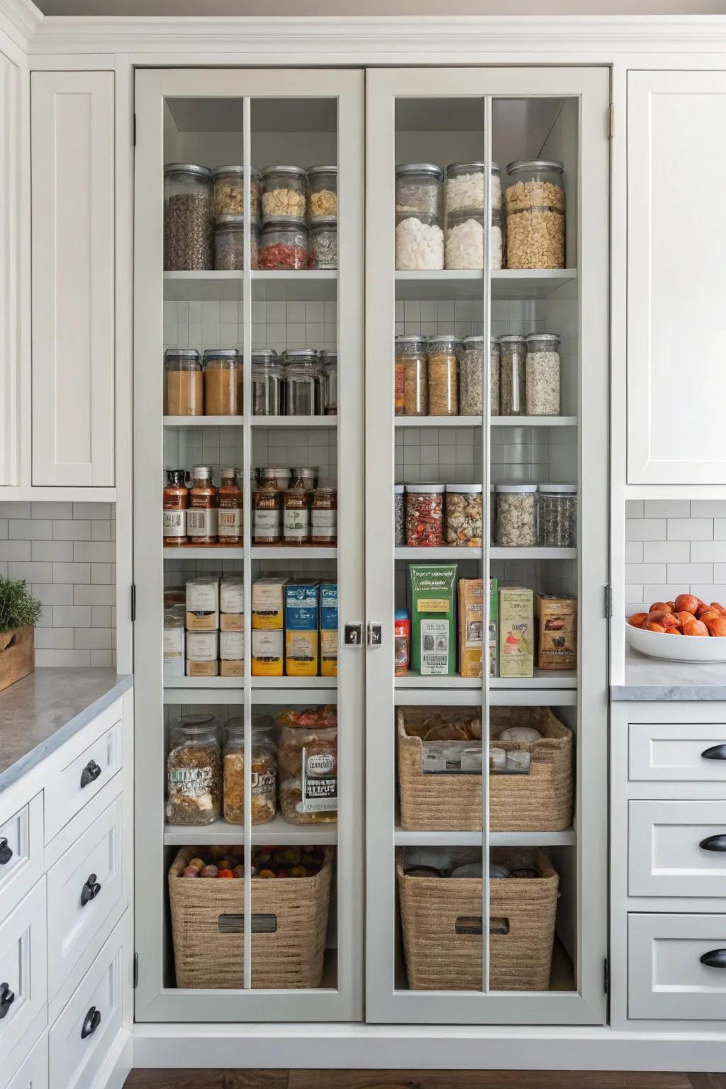 Glass doors adding a decorative flair to the pantry.