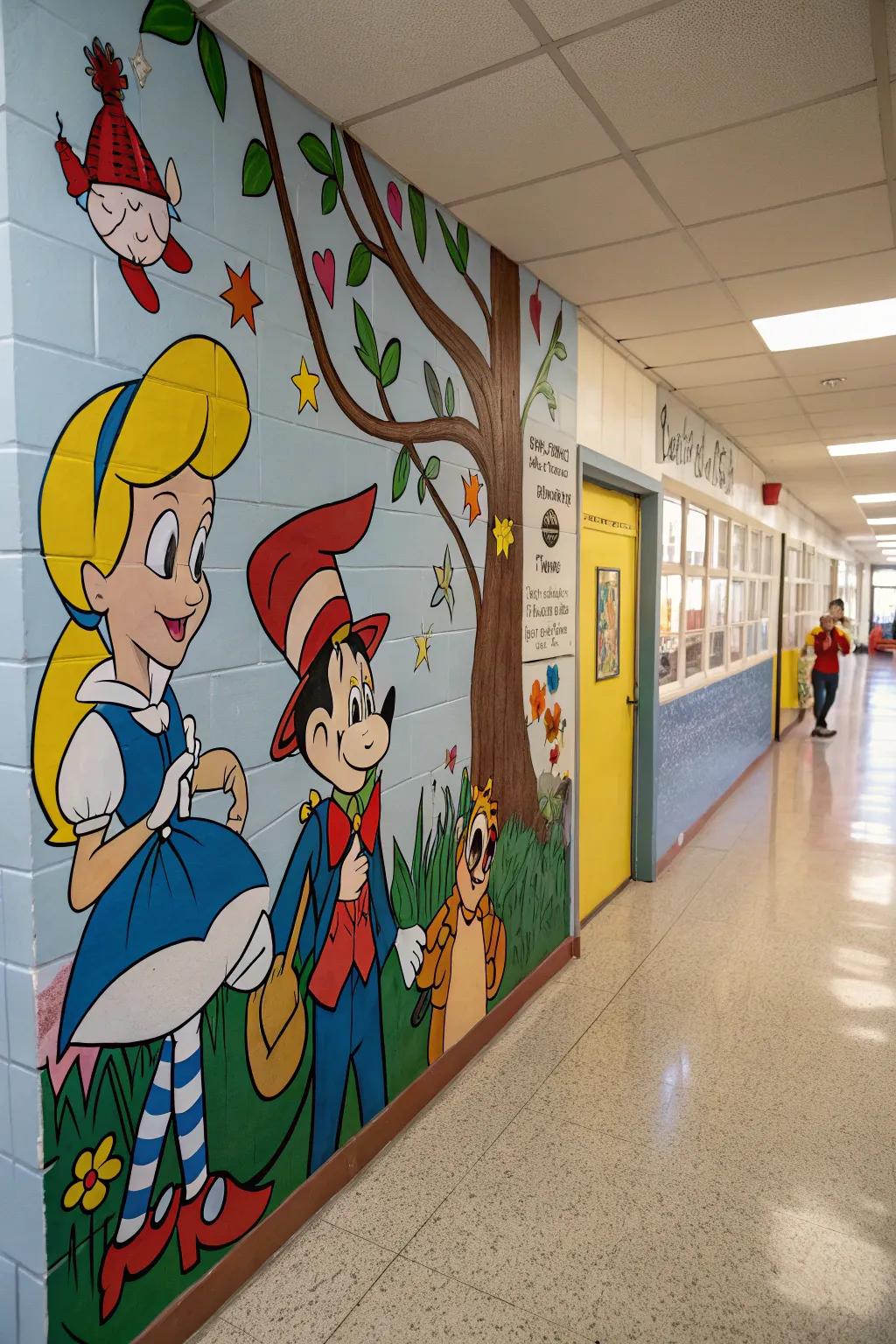 Storybook characters on a school wall