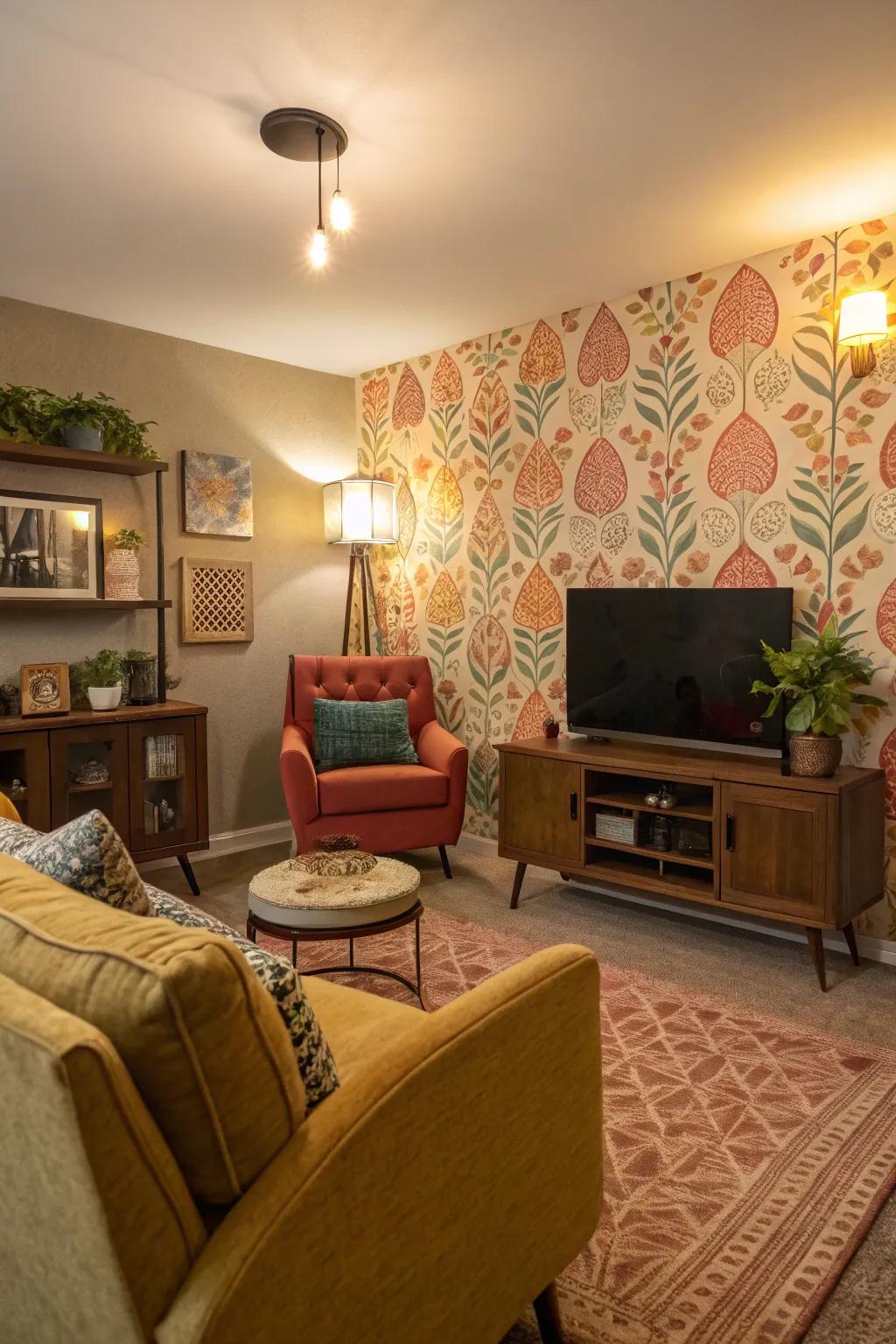 A feature wall with striking wallpaper creates a captivating centerpiece.