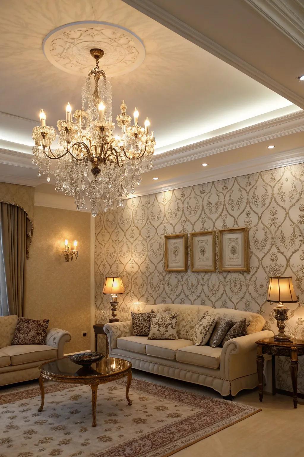 Emphasize your wallpaper by using elegant lighting to cultivate a luxurious sensation.