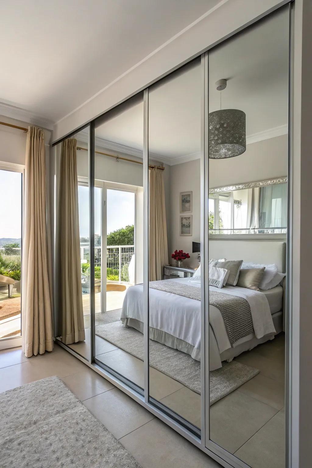 Mirrored wardrobe doors creating a spacious impression.