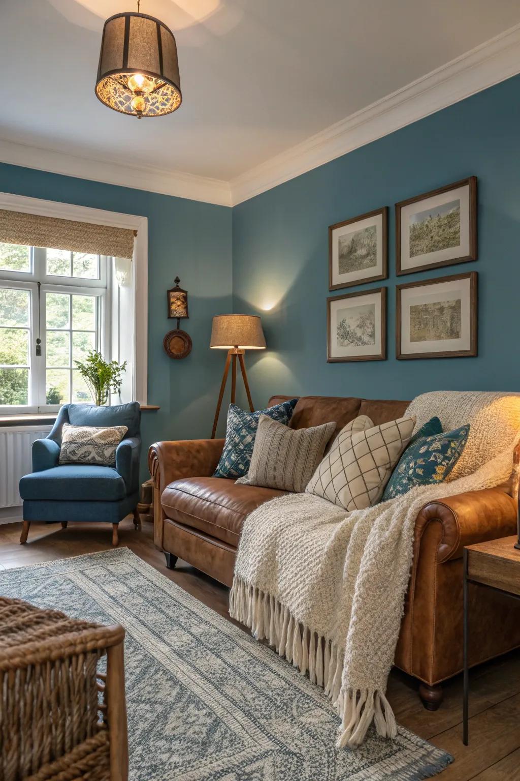 Textured decor enhances the warmth of blue tones in your living space.