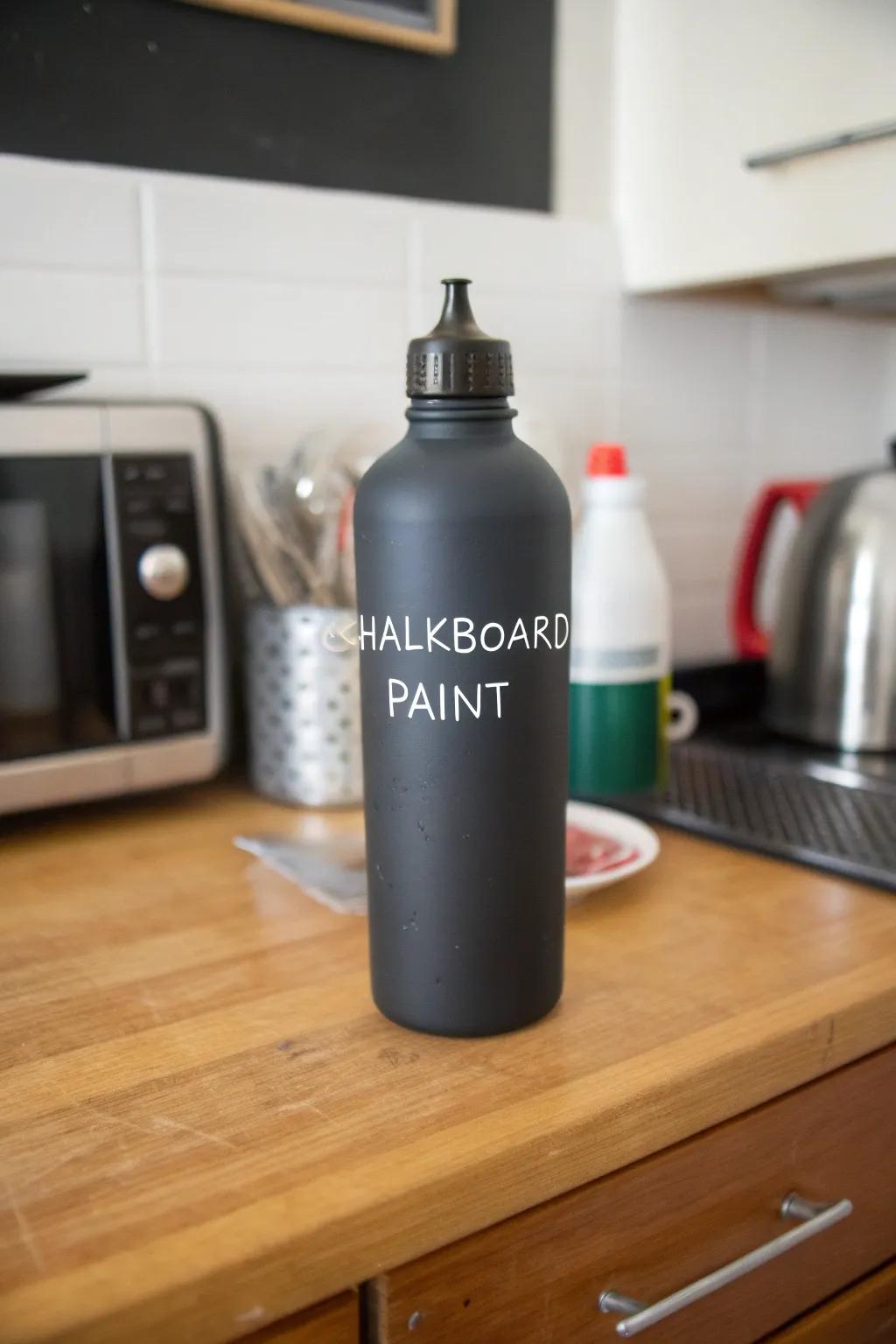 A slate-painted hydration container displaying a handwritten greeting.