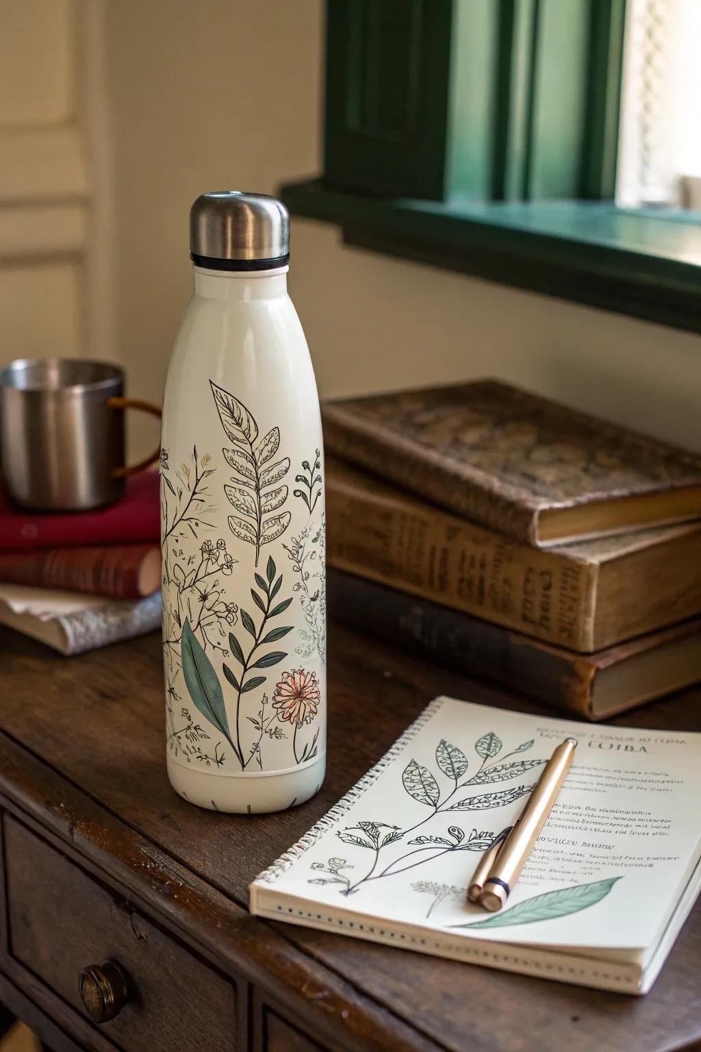 Hydration bottles showcased with artistic depictions for an imaginative highlight.