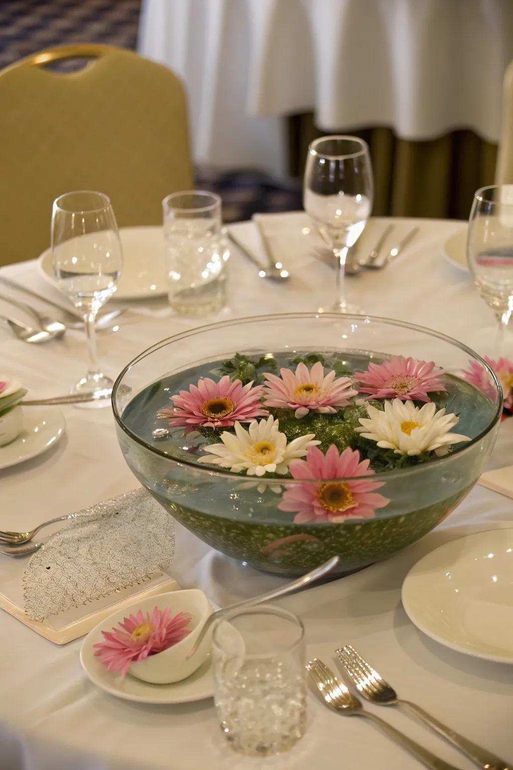 Floating blossoms create a captivating centerpiece.