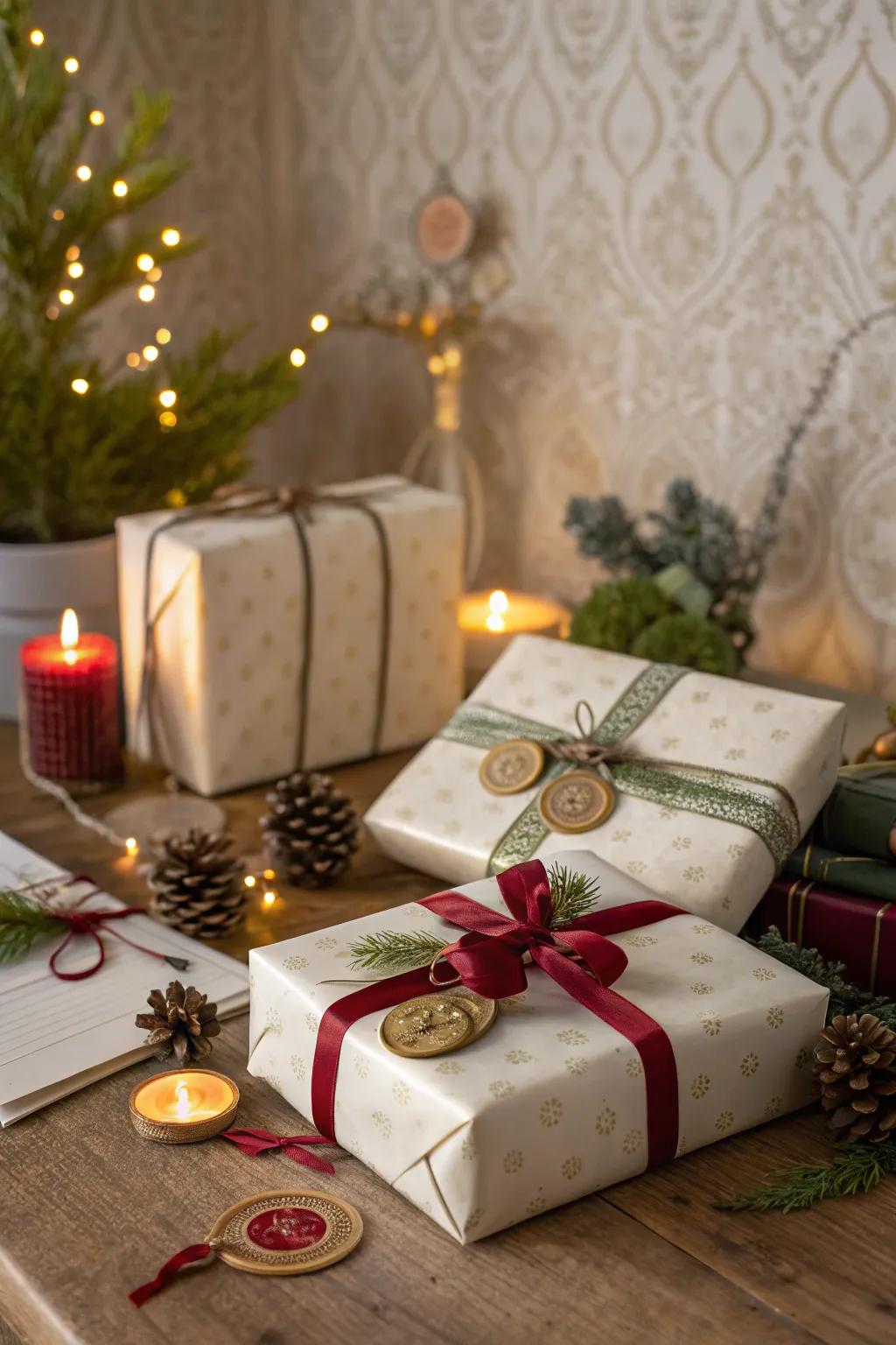 Gift wrapping enhanced with wax seals, adding a personal and sophisticated touch.