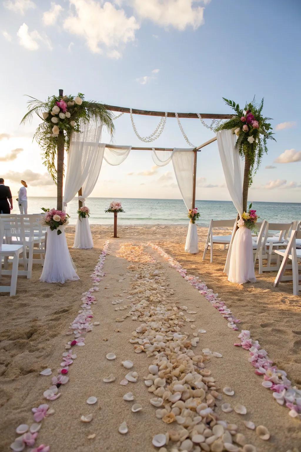 A tranquil beach aisle marked by seashells and stunning ocean views.