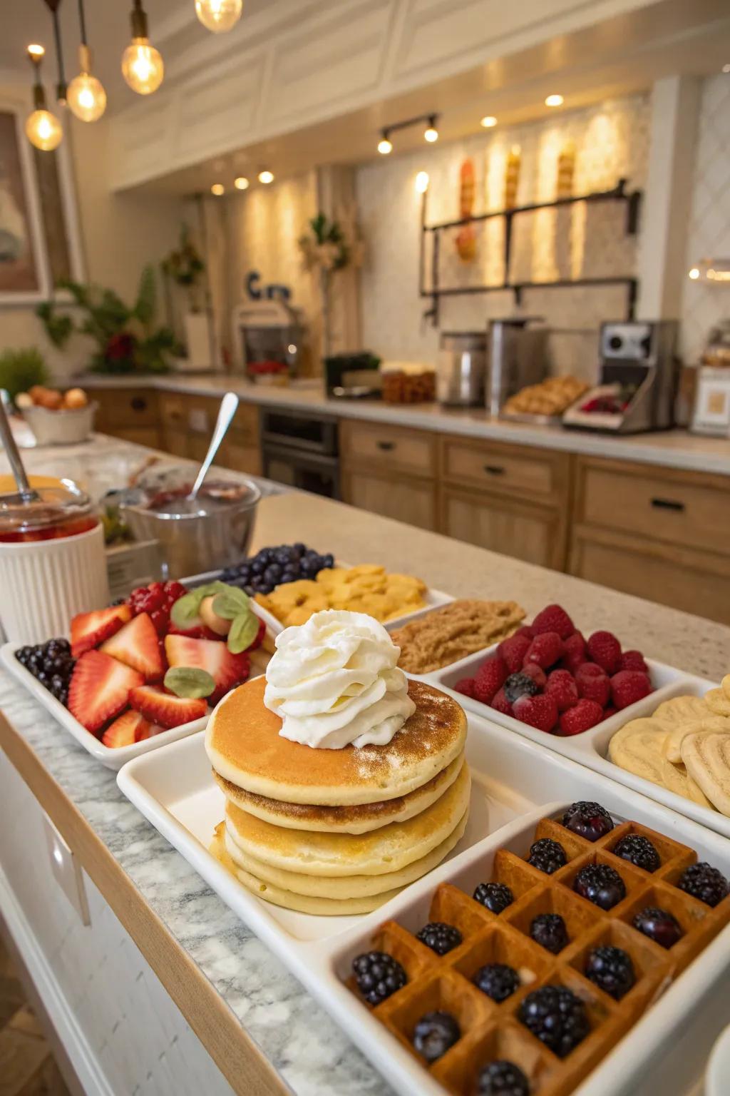 An attractive pancake and waffle station arranged for a jubilant marriage breakfast.