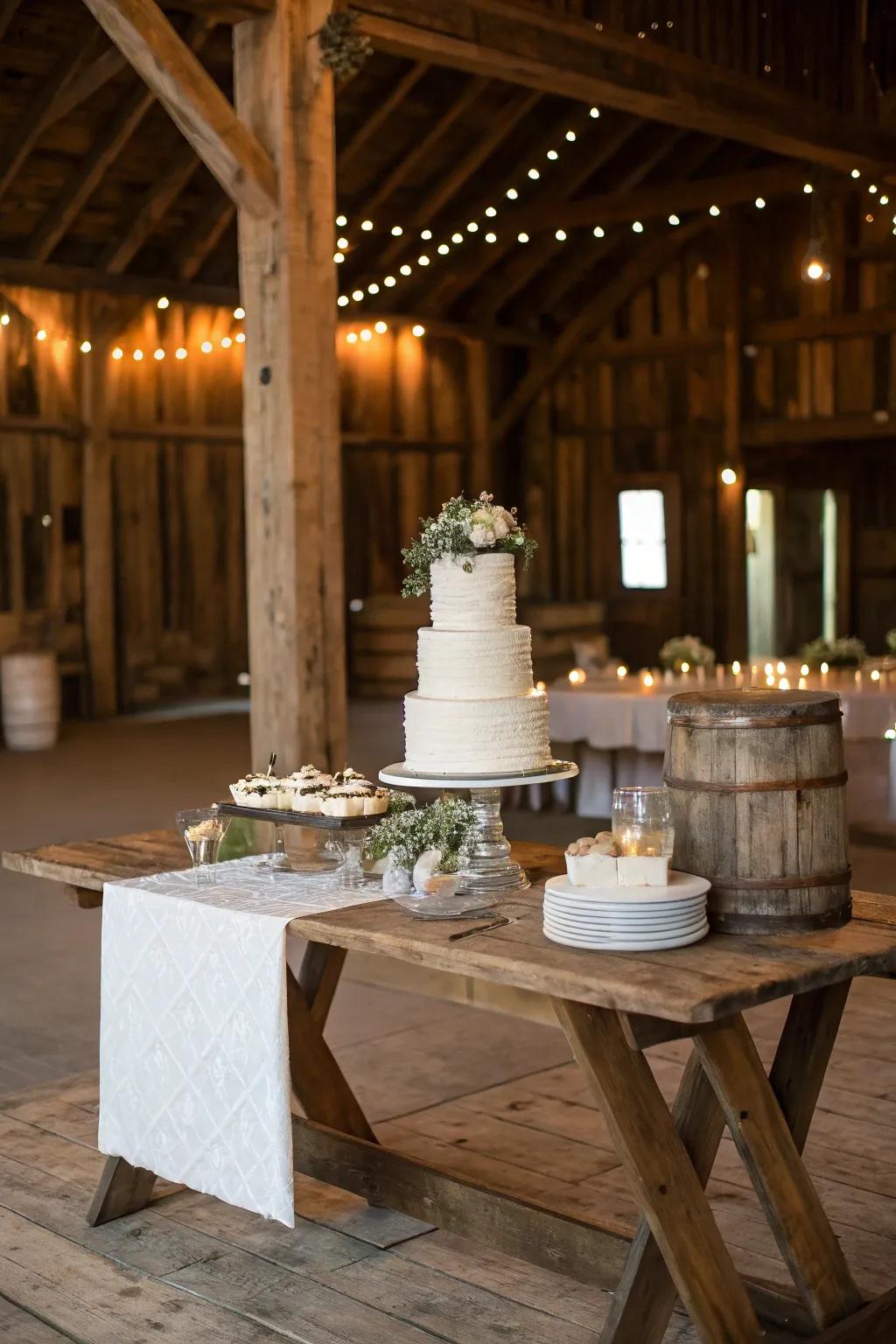 A country wooden table offering a delightful foundation for a wedding cake.