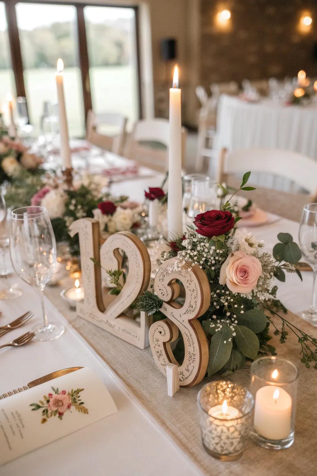 Inventive table identifiers elegantly integrated into the wedding centerpiece.