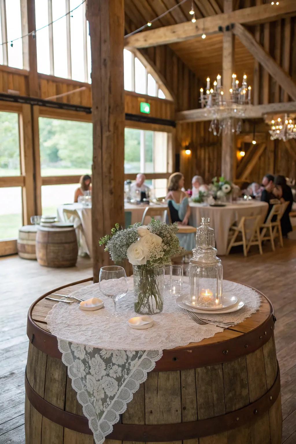 Rustic charm with wood and glass elements for a cozy feel.