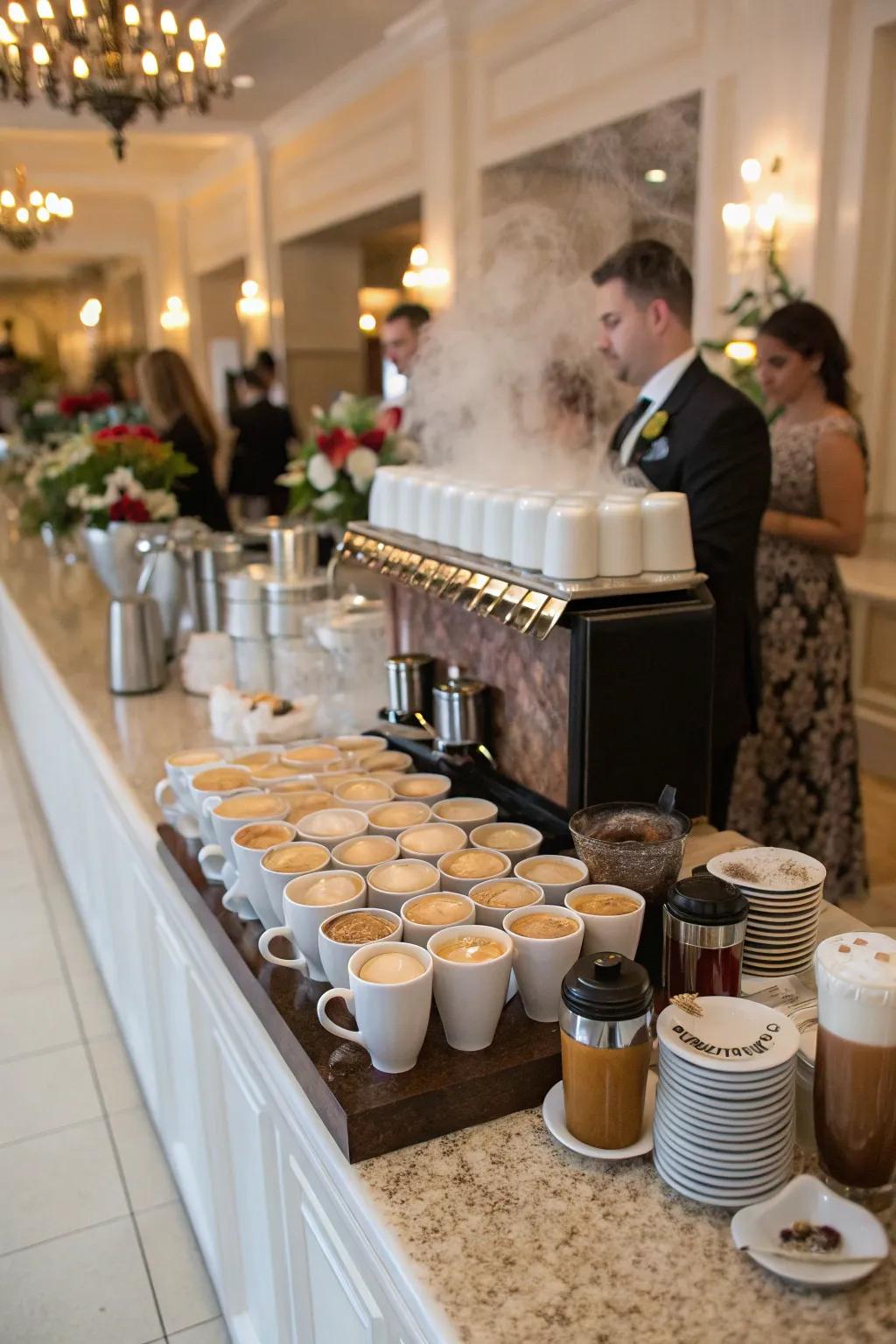 Varied java selections exhibited at a wedding coffee gathering.