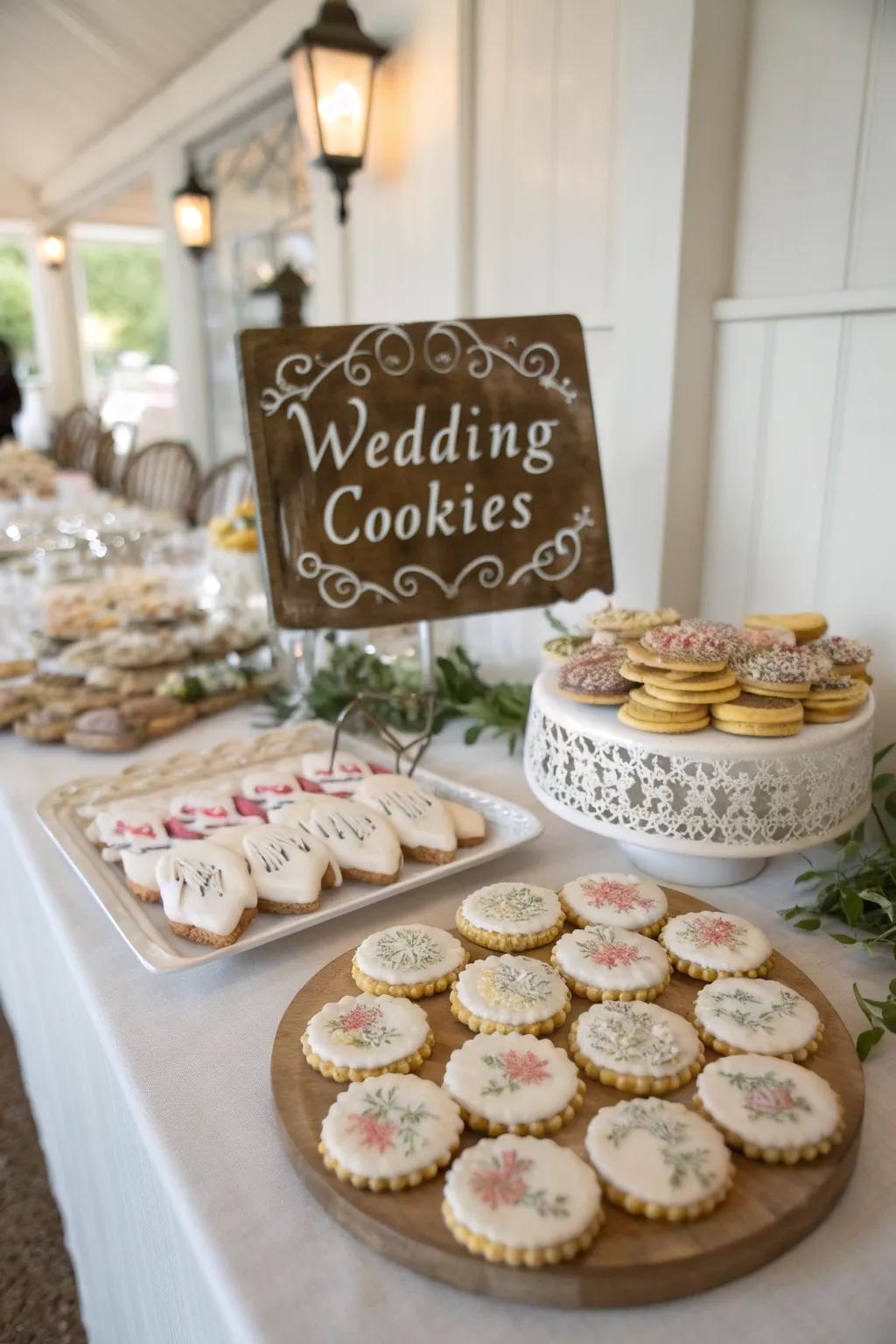 Cookies with monograms and bespoke signage contribute a personalized nuance to a wedding cookie arrangement.