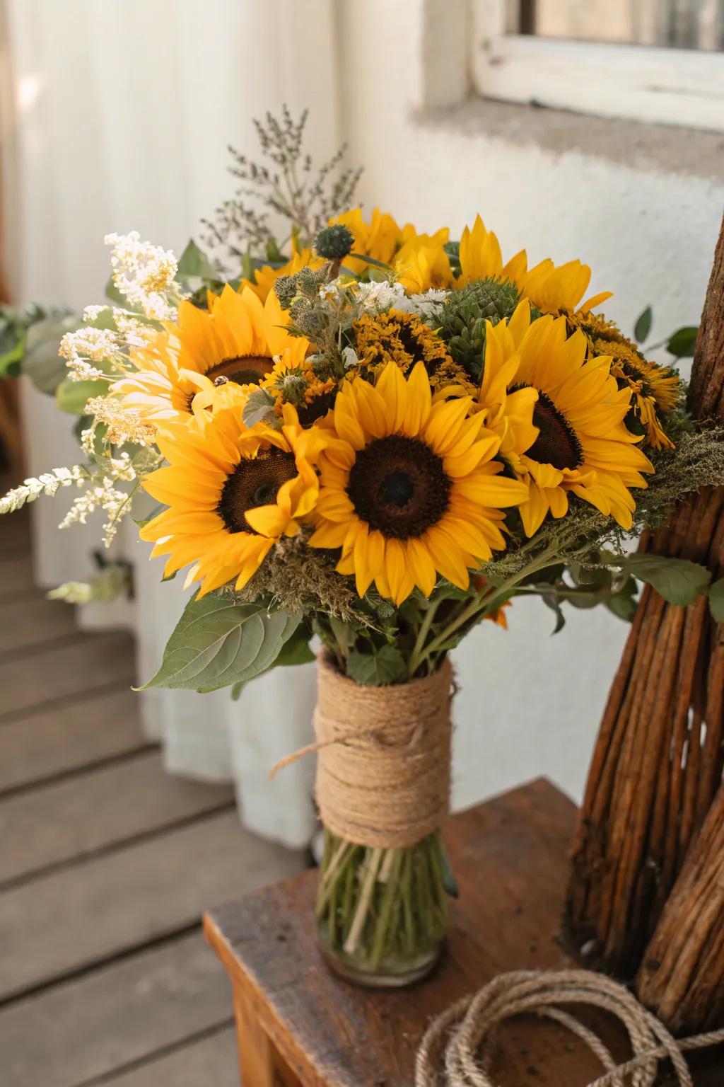 A cheerful sunflower arrangement ideal for a garden wedding.