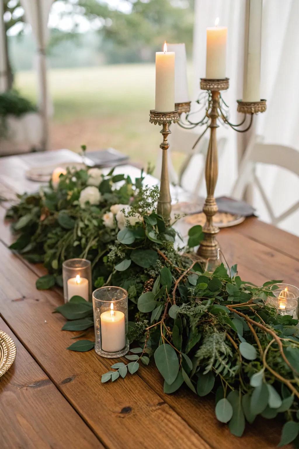 Greenery and lights crafting an organic centerpiece.