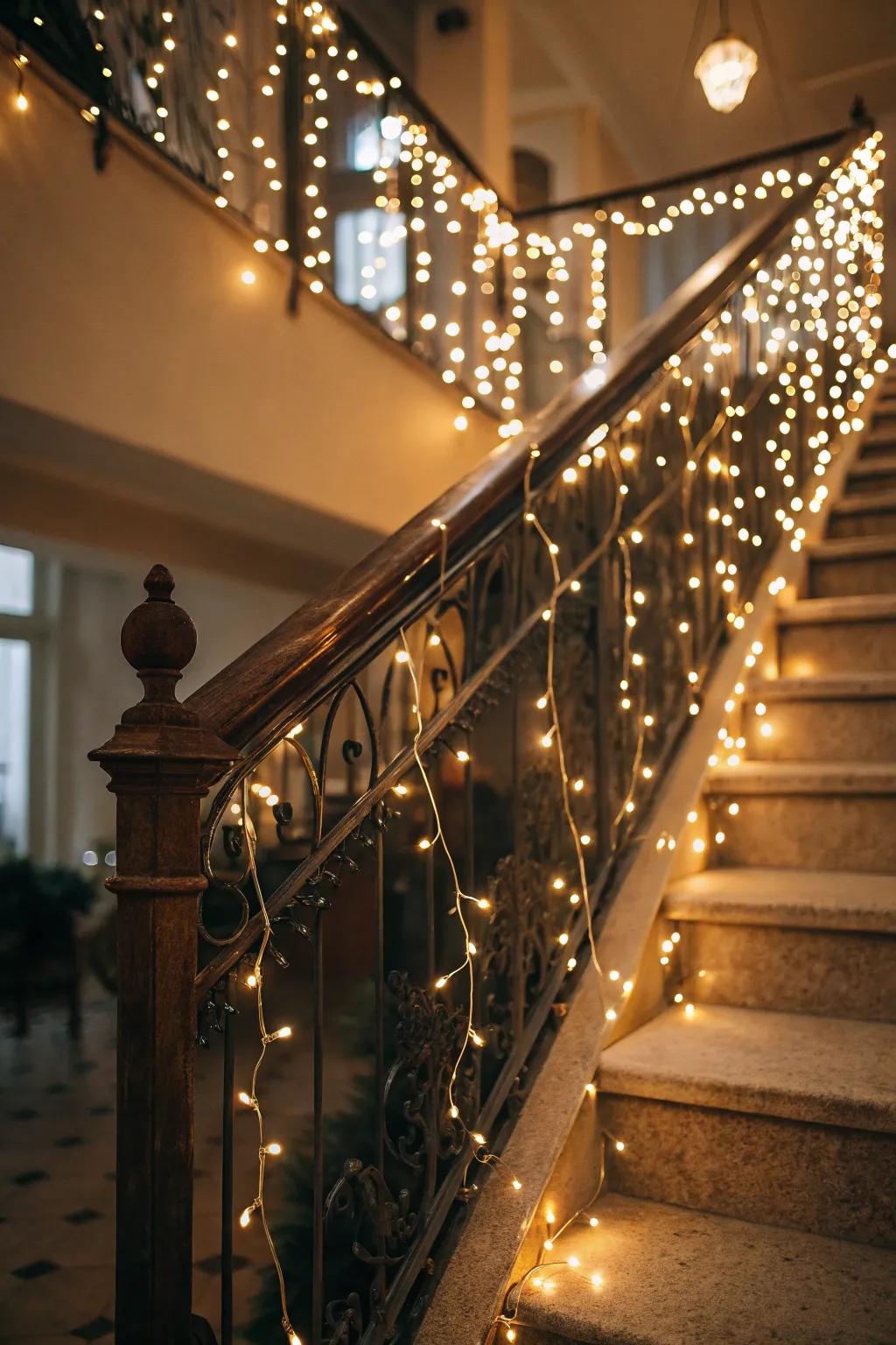 Glimmering lights conceive a bewitching, star-filled impact on this wedding stairway.