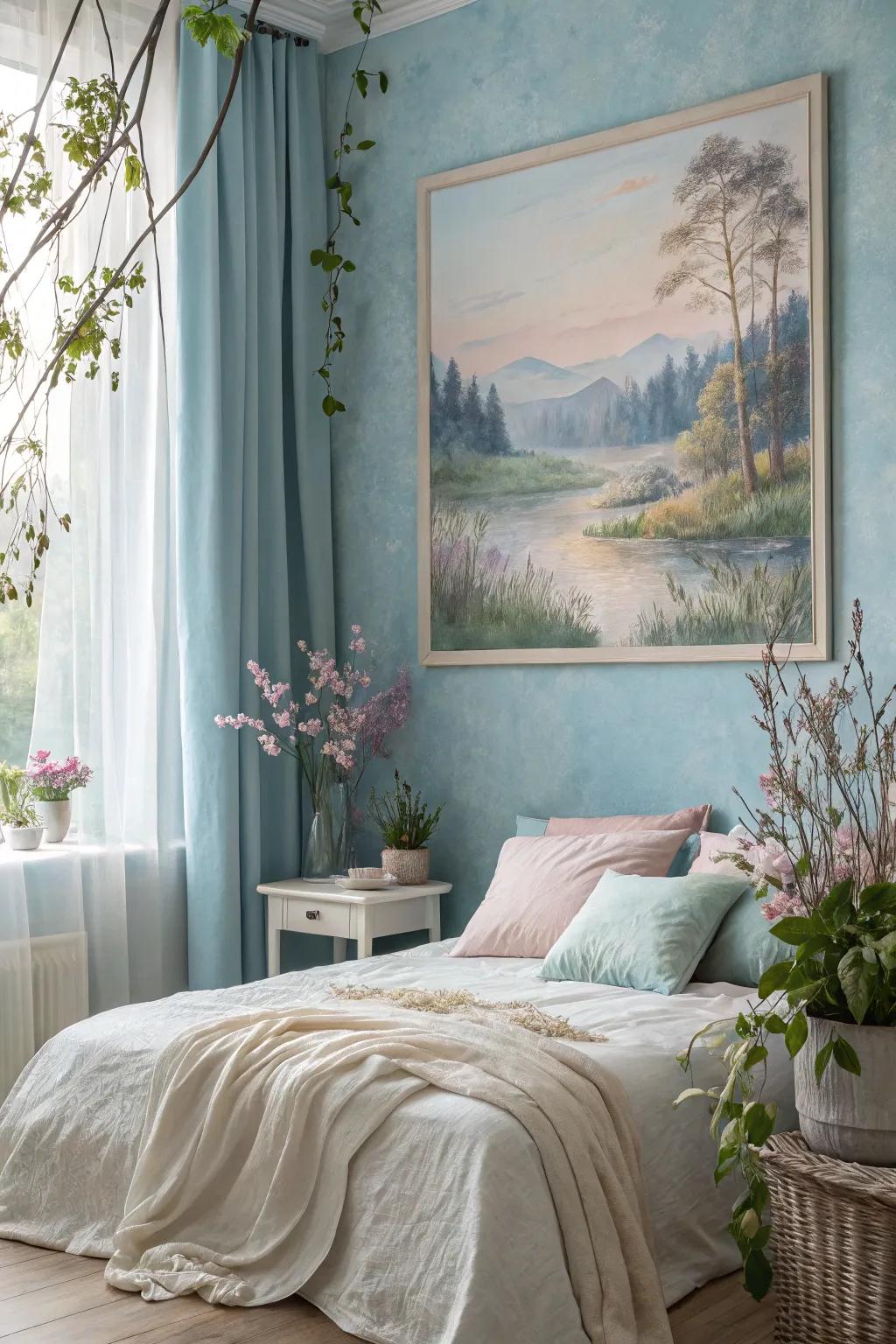 A dreamy watercolor artwork that infuses a calming atmosphere into a bedroom.