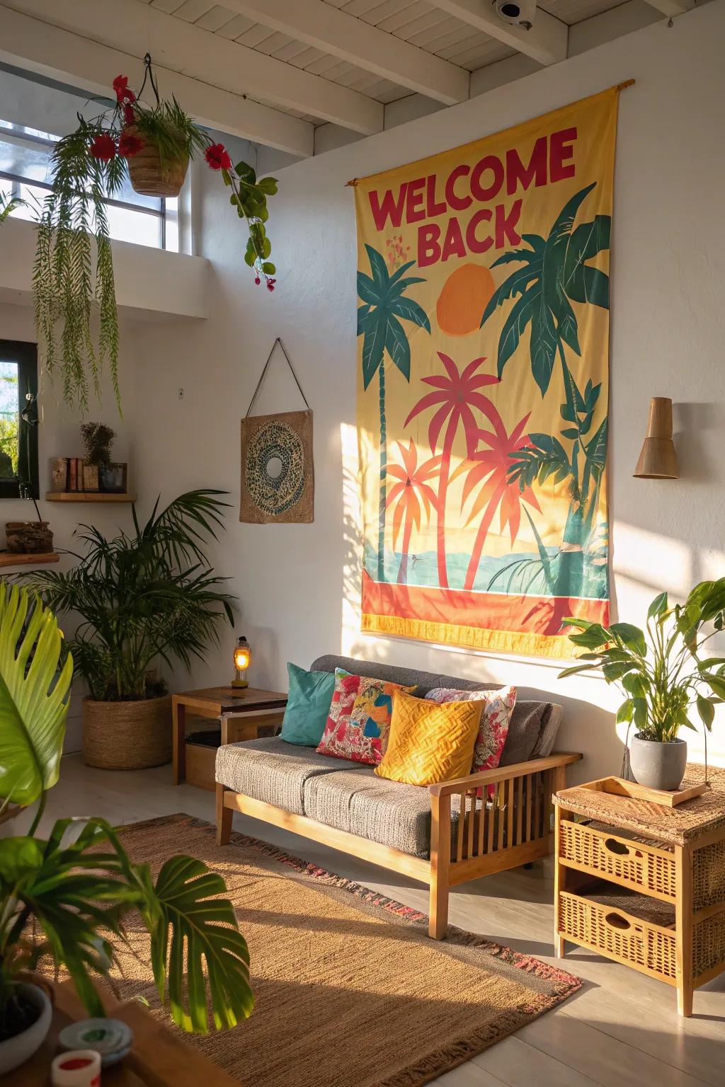 A tropical-themed poster brings a sunny vibe to the living room.