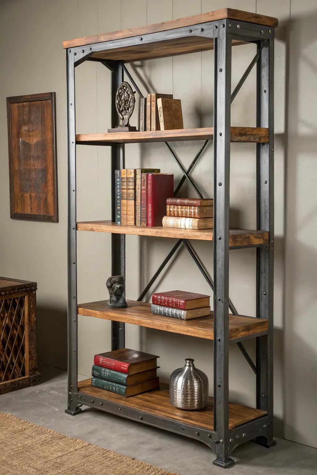 This sleek industrial bookcase blends tough metal with exquisite wood to elevate your space.