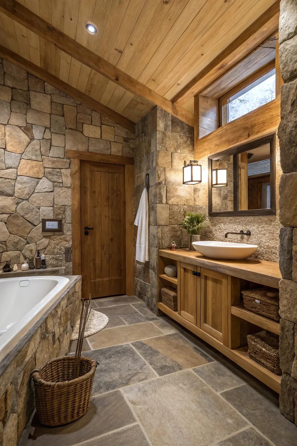 Natural stone tiling amplifies the countryside sensation of this bathroom.