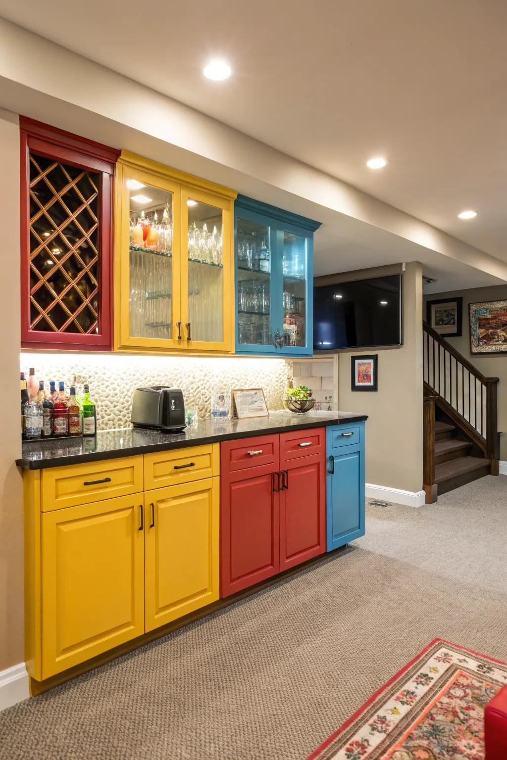 Bold cabinet colors can transform your basement wet bar into a vibrant and inviting space.