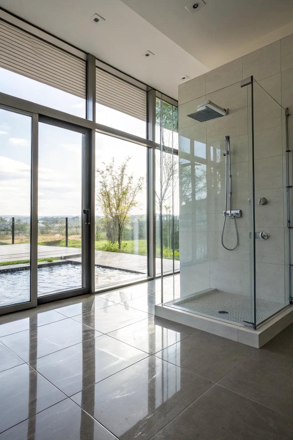 A vibrant wet room drenched in natural light.