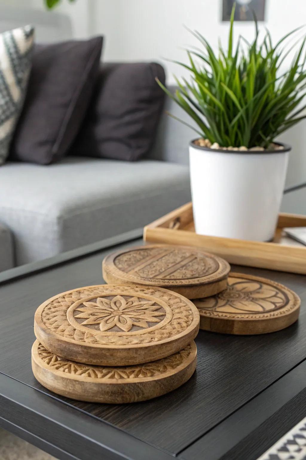 Artisanal timber coasters bring an element of rustic charm.