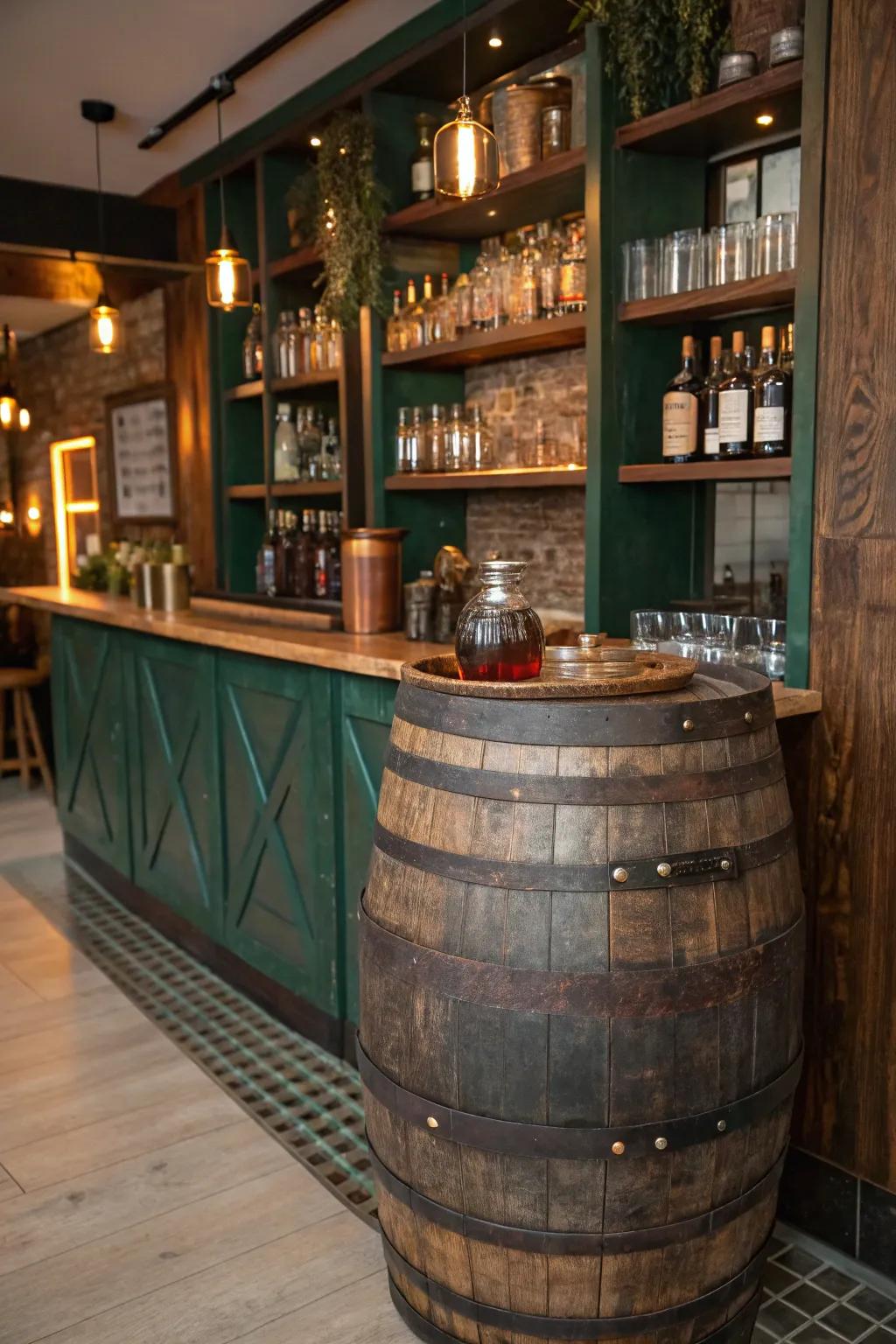 Optimize area through cask shelving that showcases your collection, projecting countryside flair.