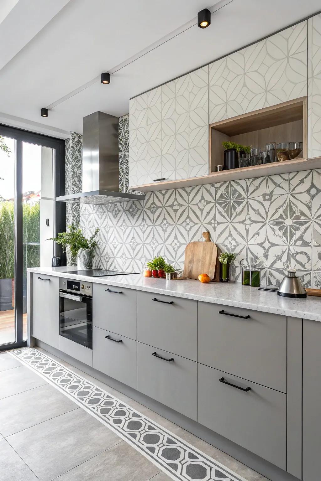 Shaped panels add a modern sophistication to the kitchen.