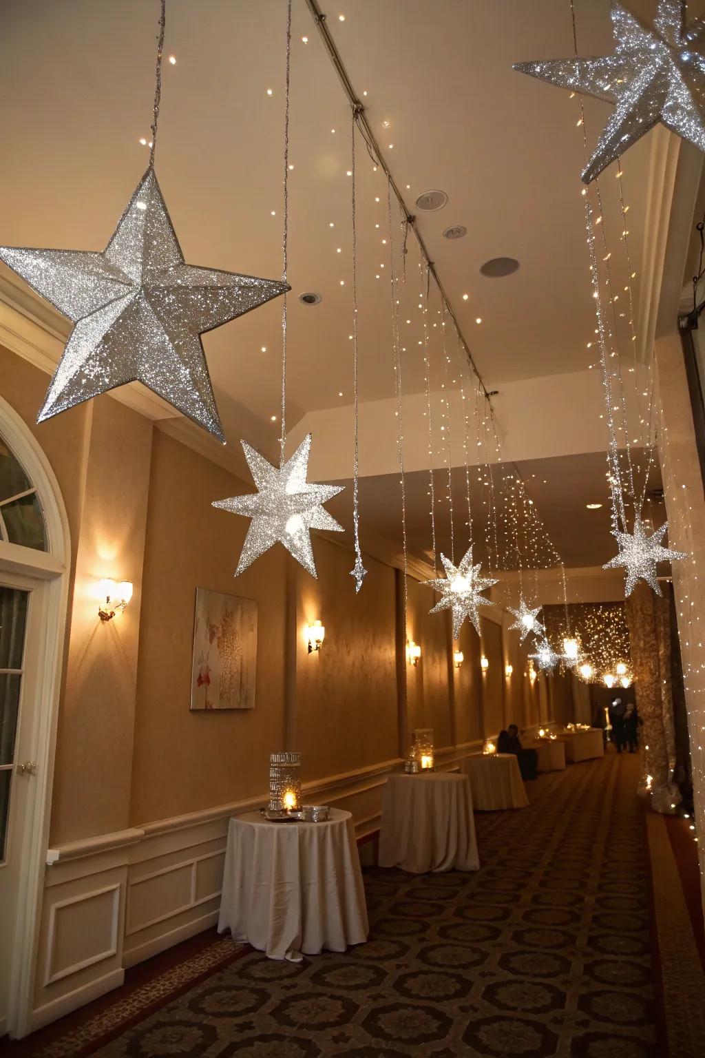 Set a blissful mood with silver stars hanging from the ceiling.