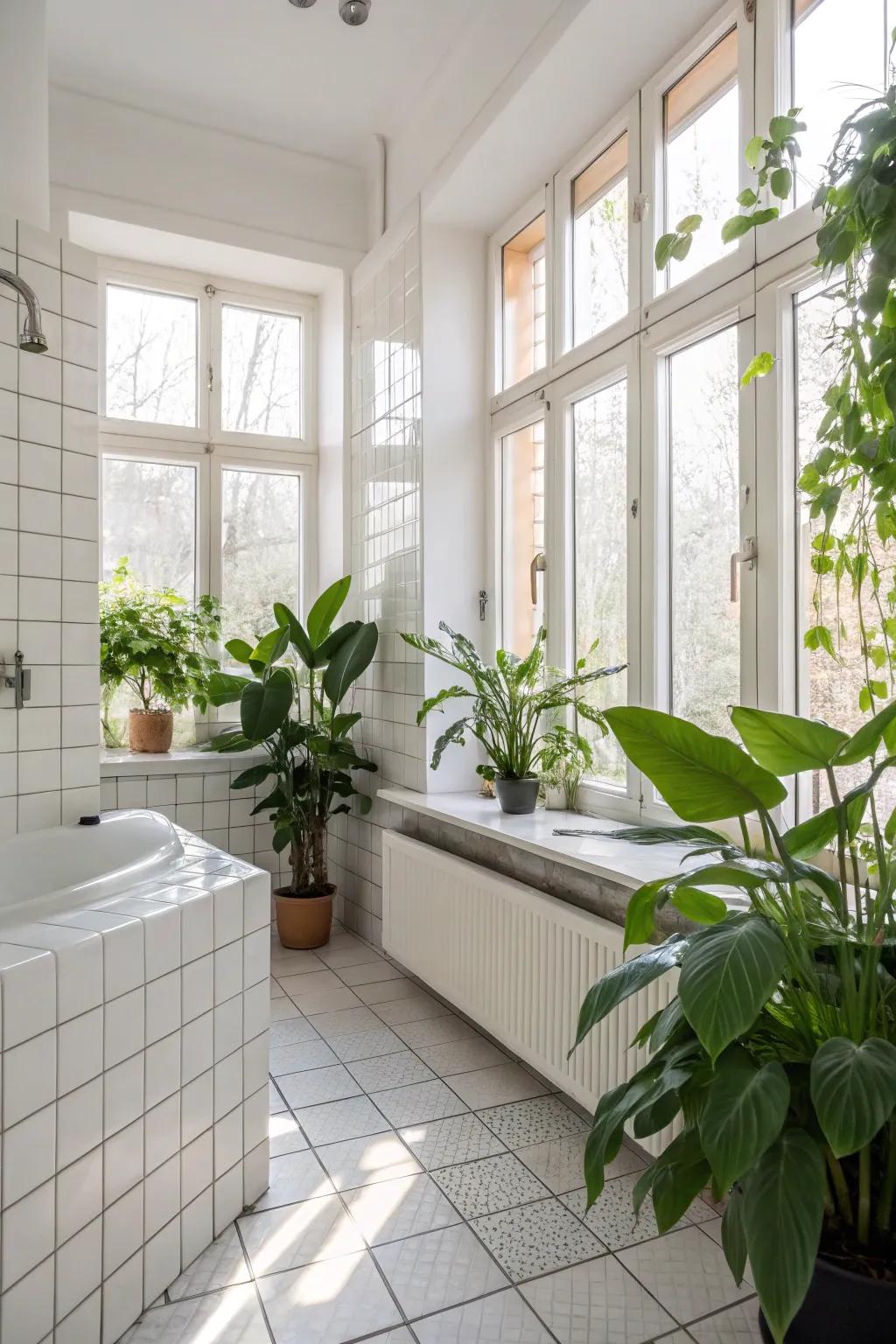 Natural light and greenery enhance the beauty of white tiles.