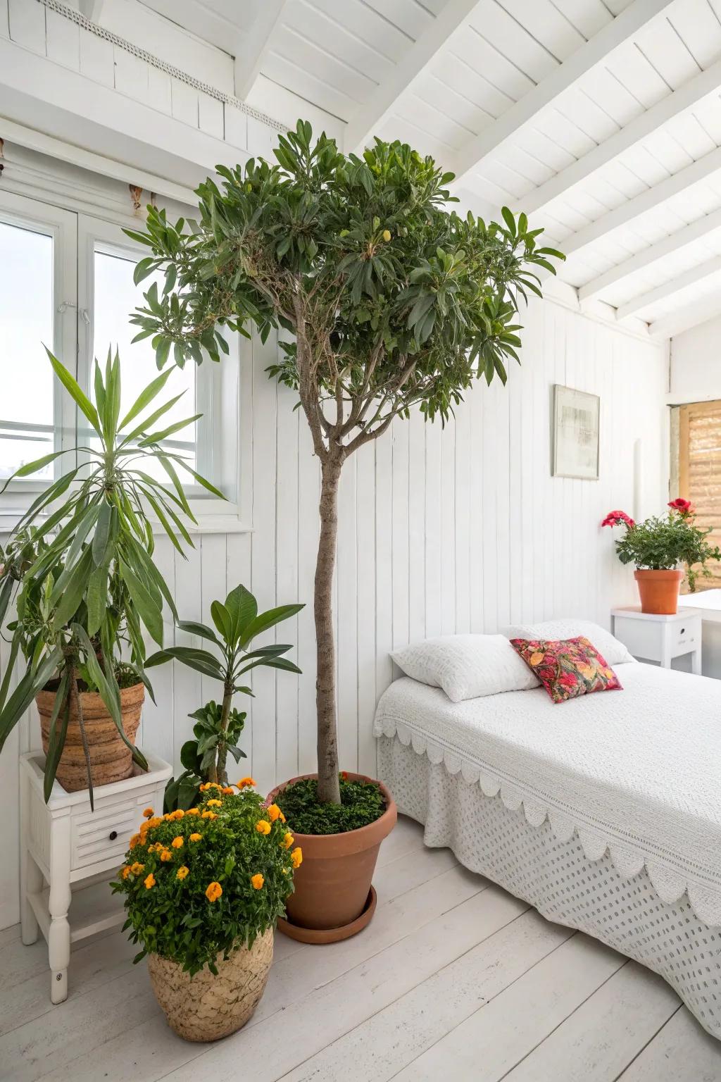 Plant life contributes a revitalizing juxtaposition to a white bedroom.