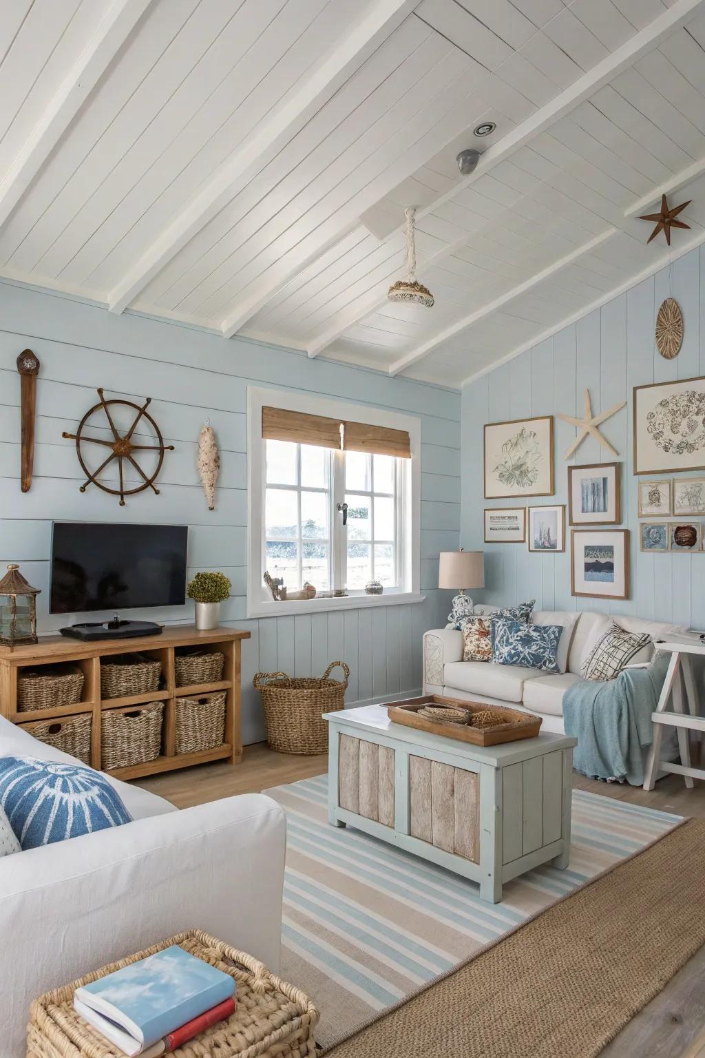 A coastal living area showcasing a white ceiling, ideal for building a serene and breezy atmosphere.