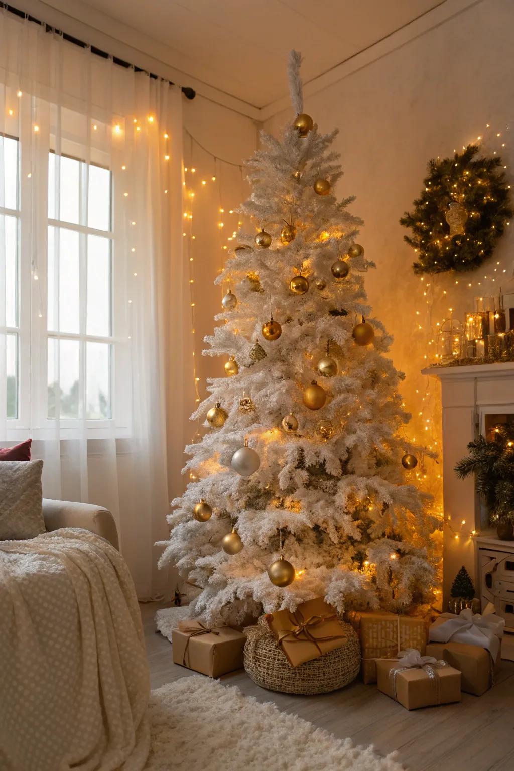 Comforting golden embellishments on a white Christmas tree.