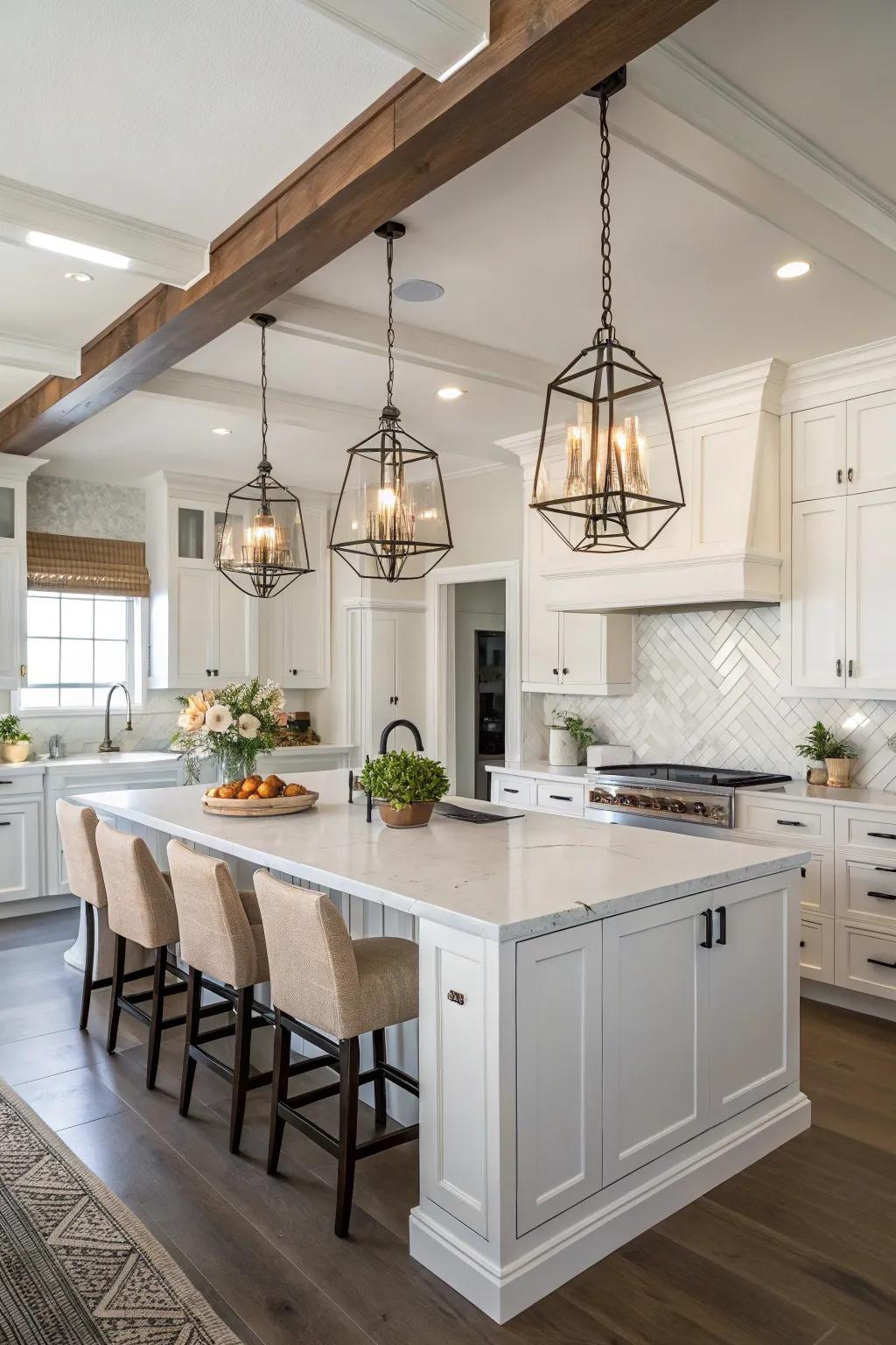 Pendant lights refine the aesthetic of a white kitchen.