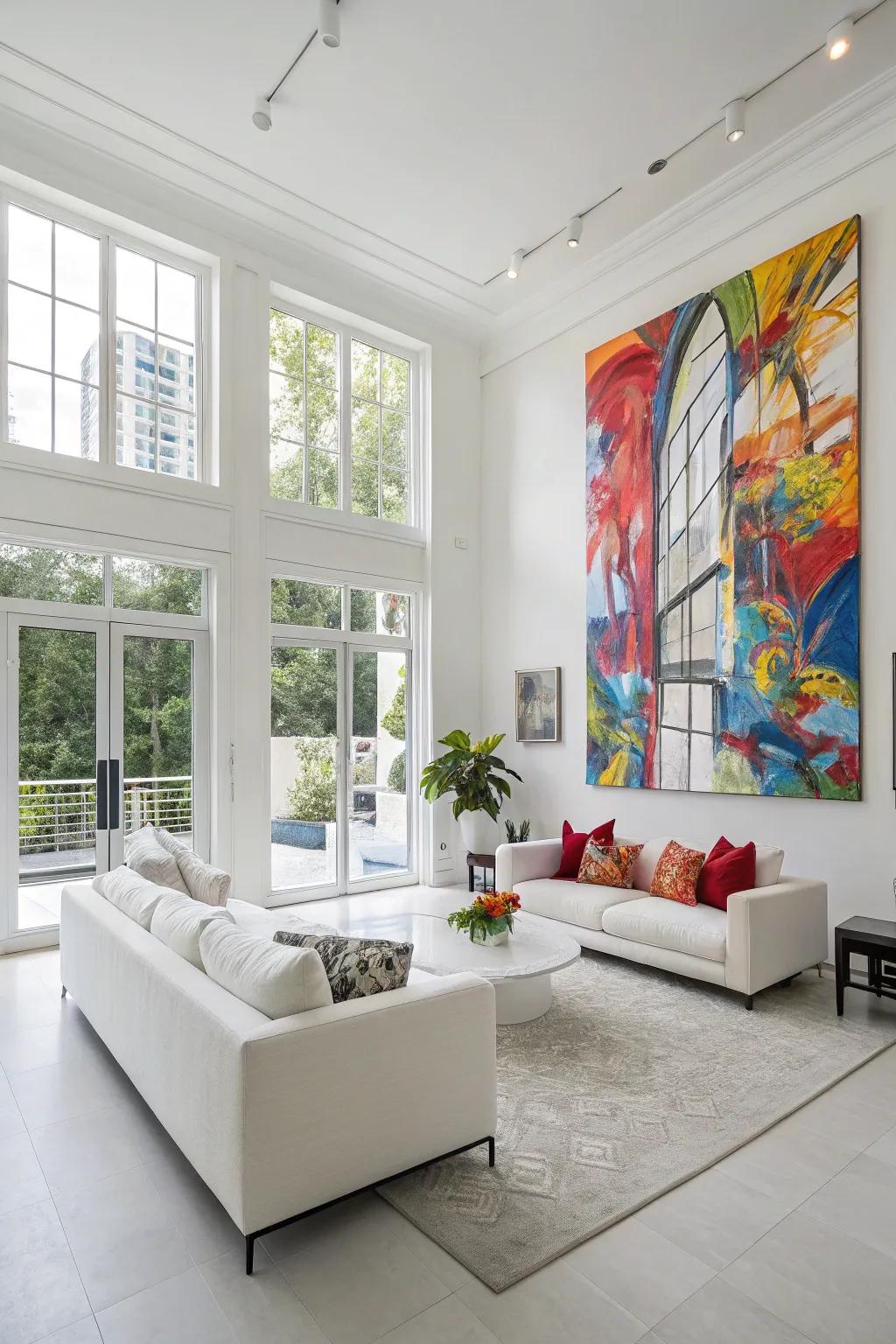 Modern artistic style provides a striking contrast within a white space.