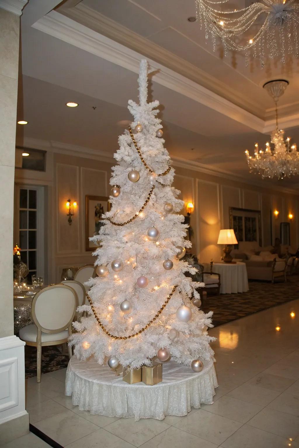 A white pencil tree displaying retro grandeur with pearls and nostalgic ornaments.