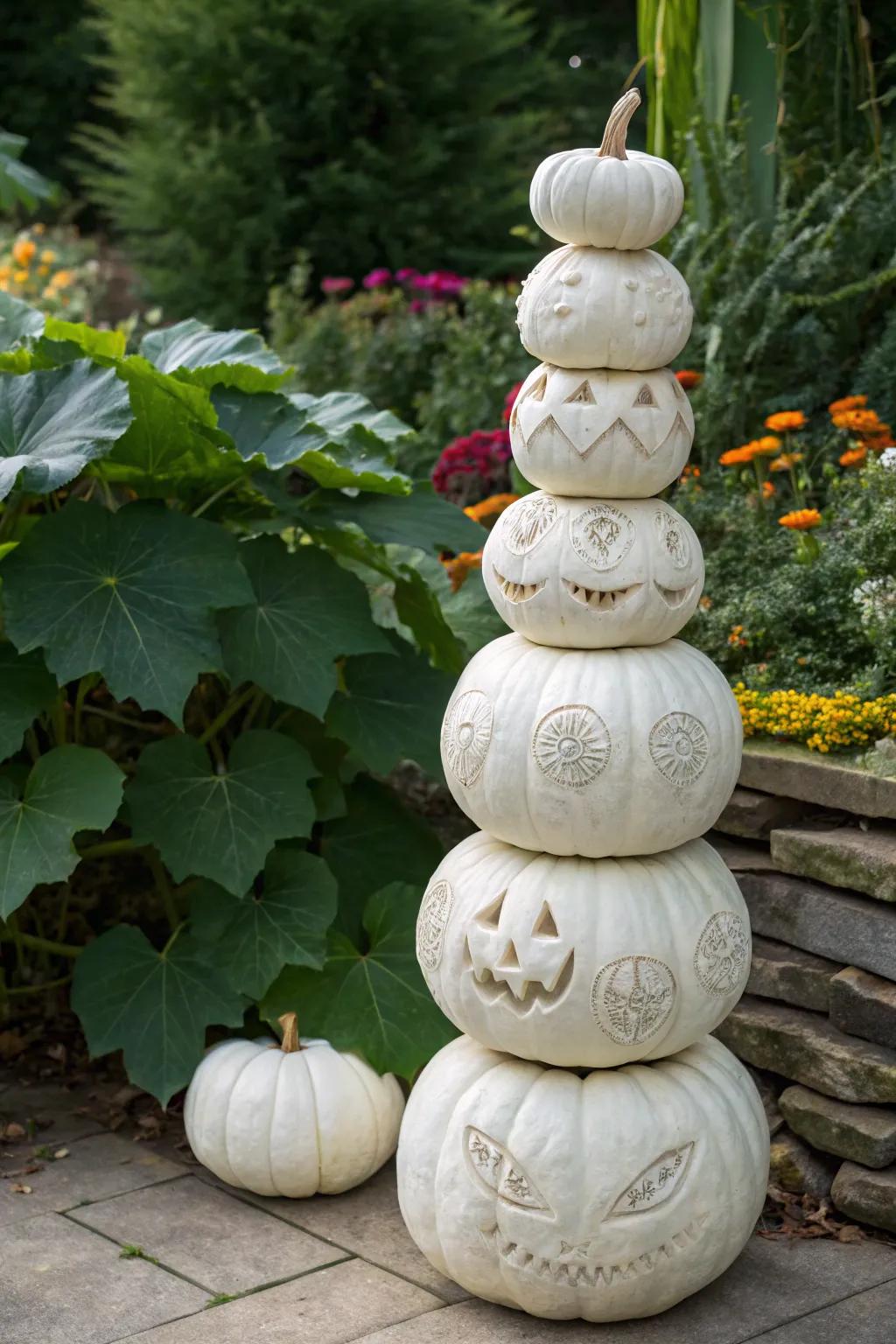 An impressive tower of stacked pale pumpkins for a dramatic impression.