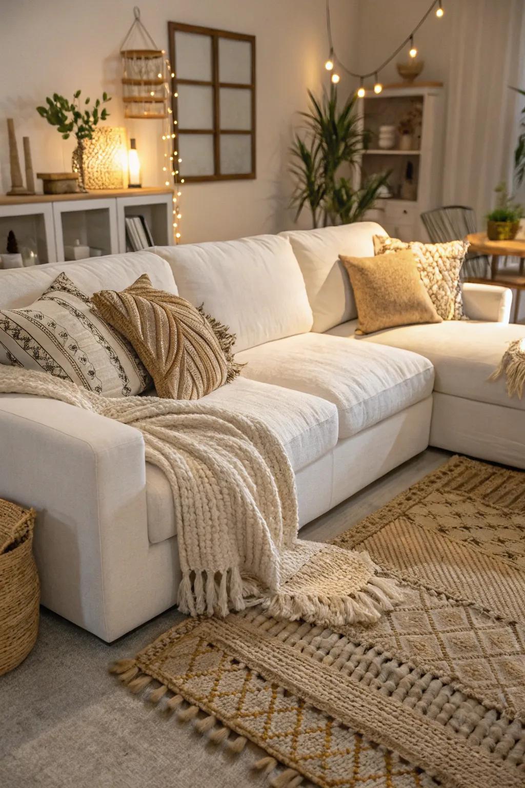 Texture enriches a living room featuring a white sectional.