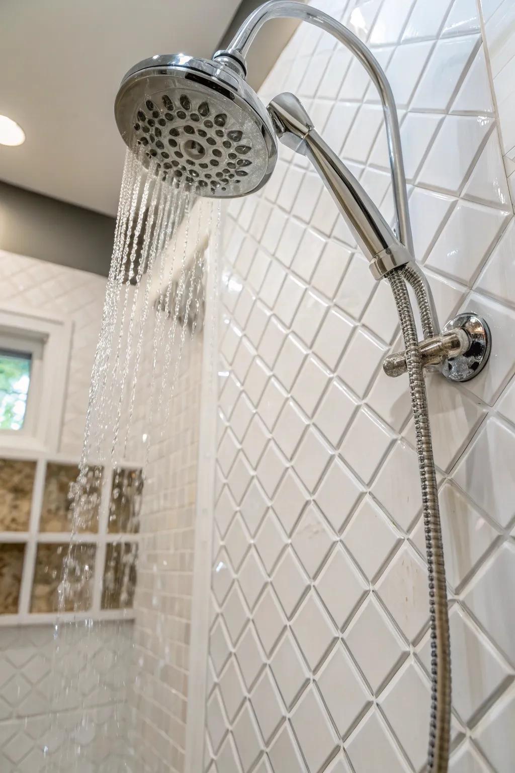 A white shower showcasing a mix of polished and unpolished textures.