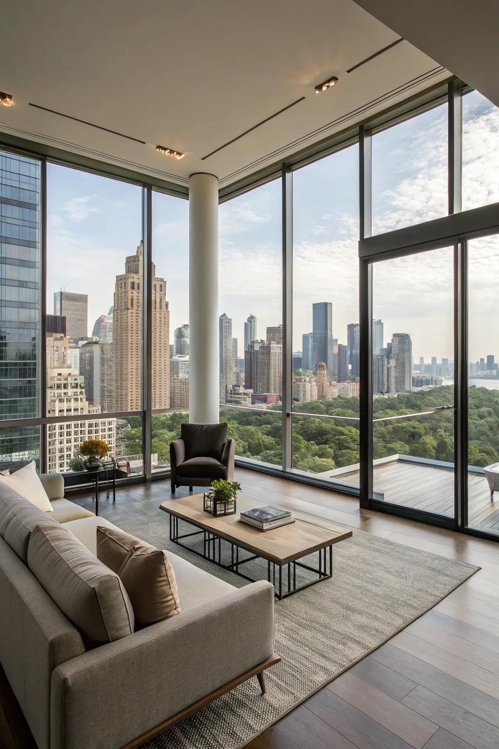 Refined floor-to-ceiling windows in a contemporary family room.